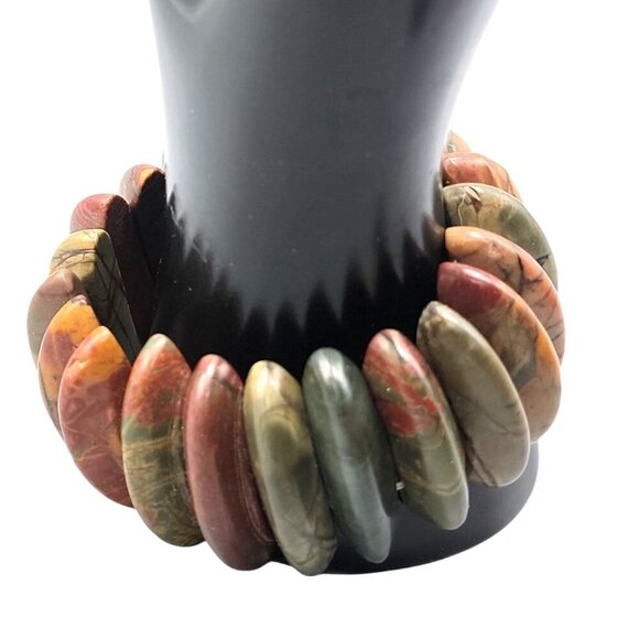 Natural Jasper Stretch Bracelet Multicolor Half Moon Wedges Green Red Orange 8" - Picture 14 of 15